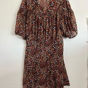 Free People NWOT Black 3/4 Puff Sleeve Dress with Orange, Pink Floral Print